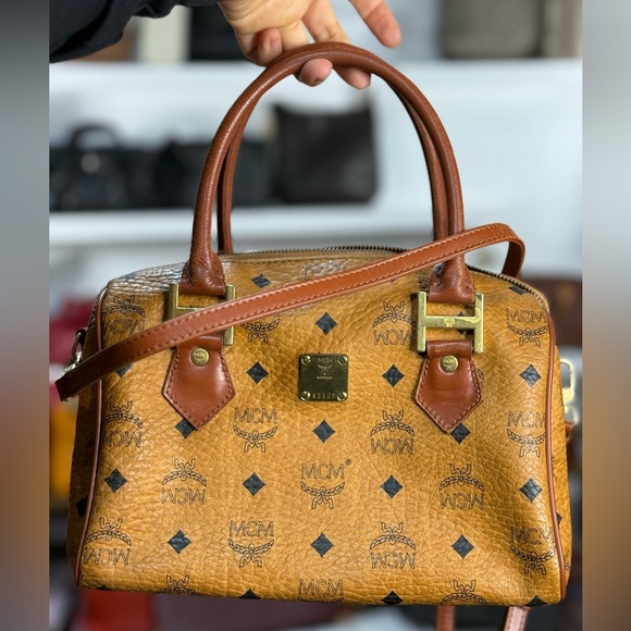 MCM Cognac Visetos Boston Bag with Strap Strap has crack - Picture 1 of 2